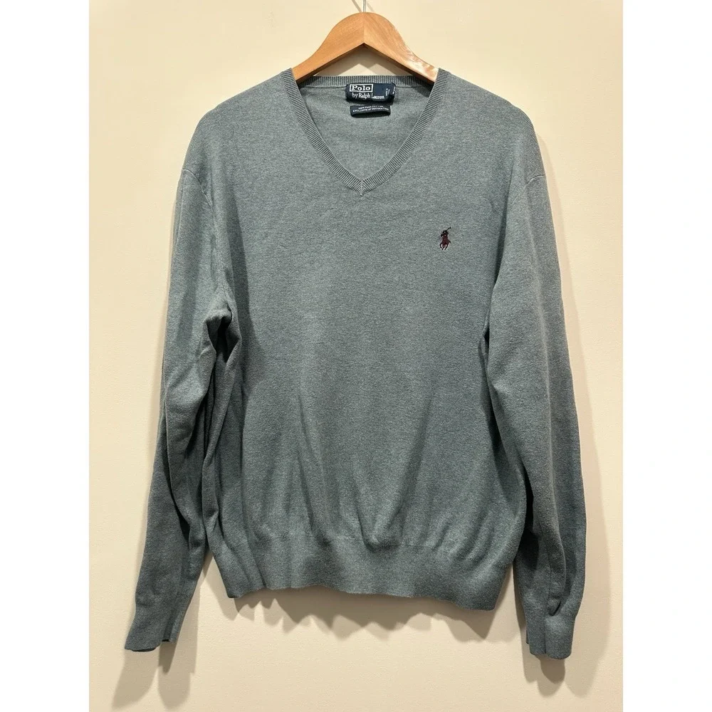 Polo Ralph Lauren Men's Light Blue Vneck Pima‎ Cotton Sweater XL